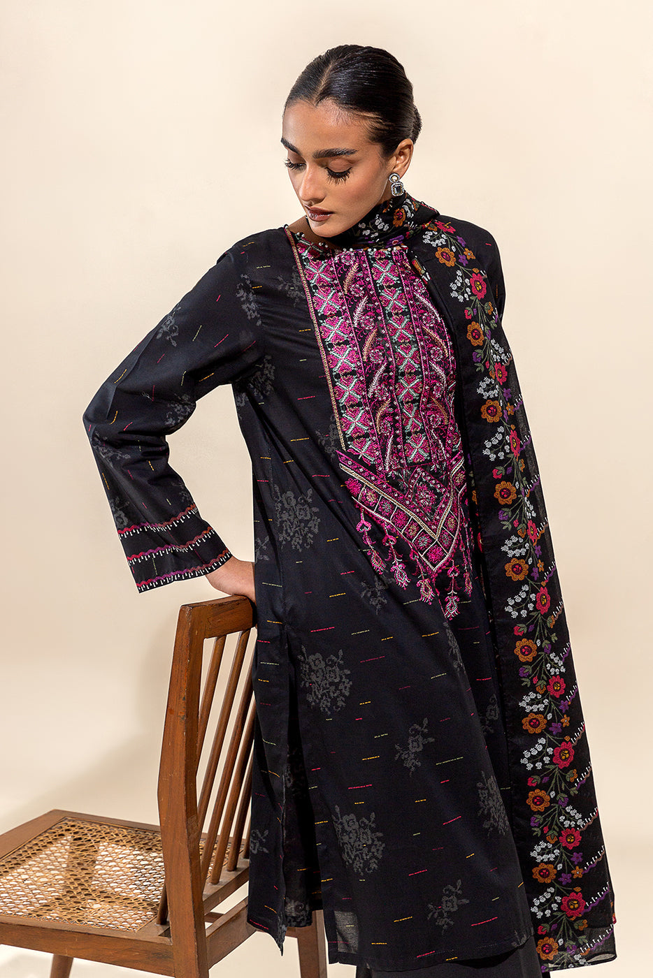 3 Piece Embroidered Lawn Suit-Black Breeze(Unstitched)