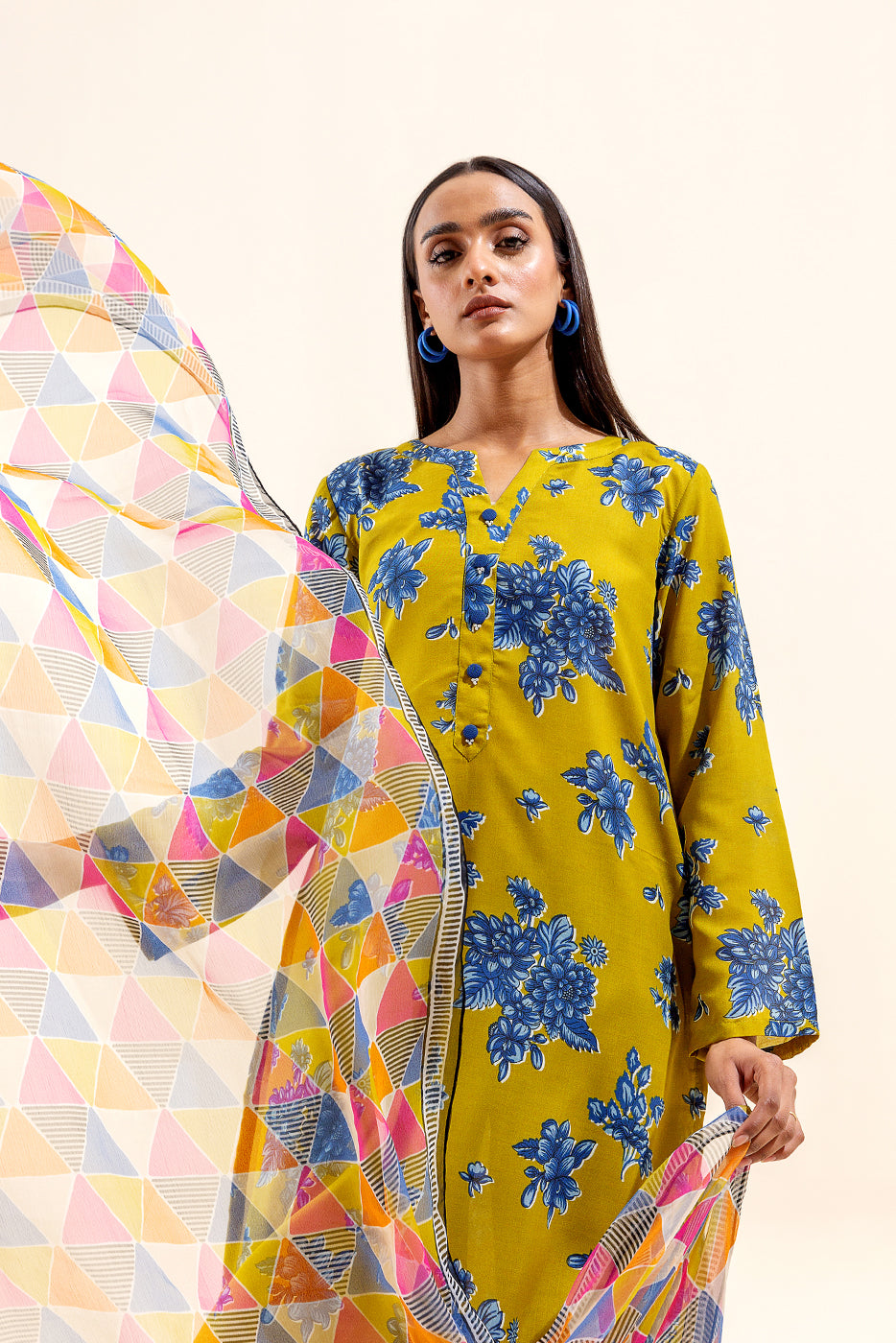 3 Piece Printed Lawn Suit-Lime Azure (Unstitched)