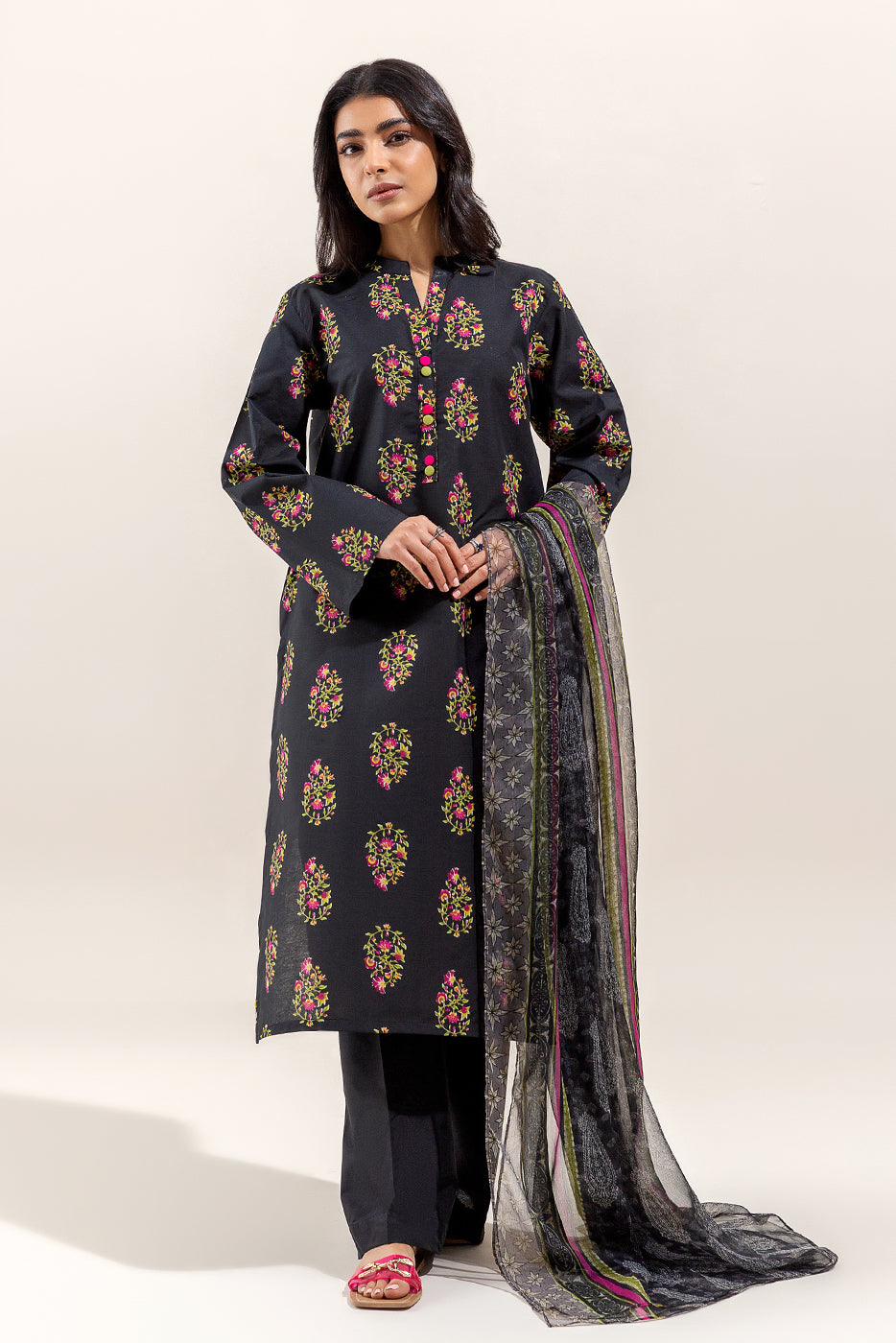 3 Piece Printed Lawn Suit-Charcoal Hues (Unstitched)