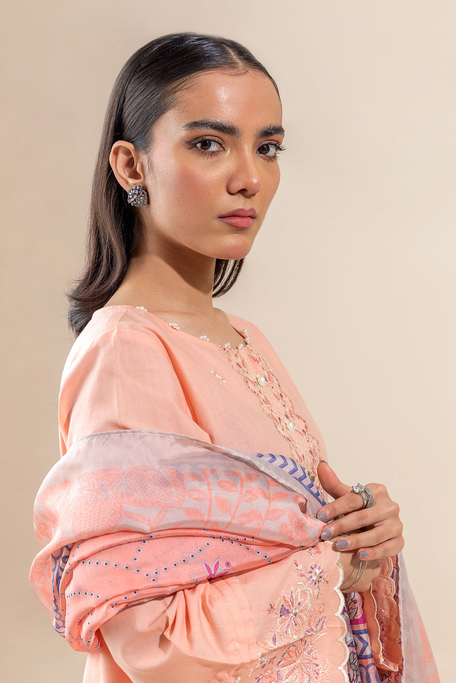 3 Piece Embroidered Lawn Suit-Cantaloupe Musk (Unstitched)