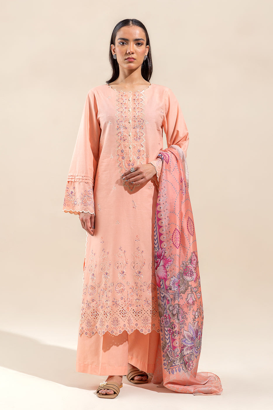 3 Piece Embroidered Lawn Suit-Cantaloupe Musk (Unstitched)