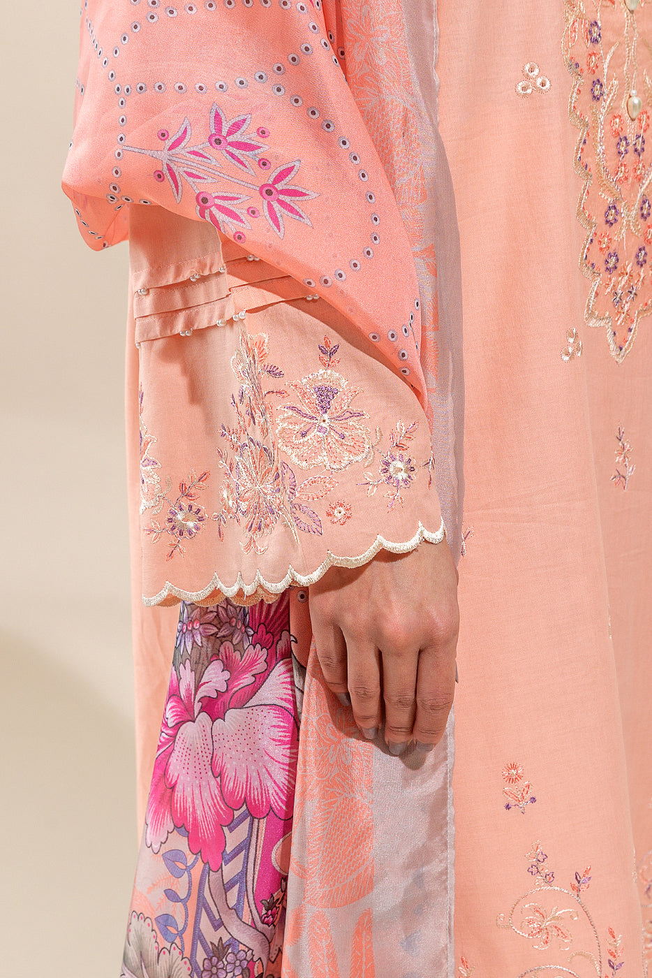 3 Piece Embroidered Lawn Suit-Cantaloupe Musk (Unstitched)