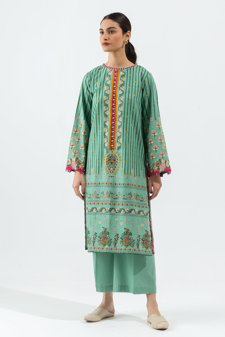 2 Piece - Printed Khaddar Suit - Porcelain Green