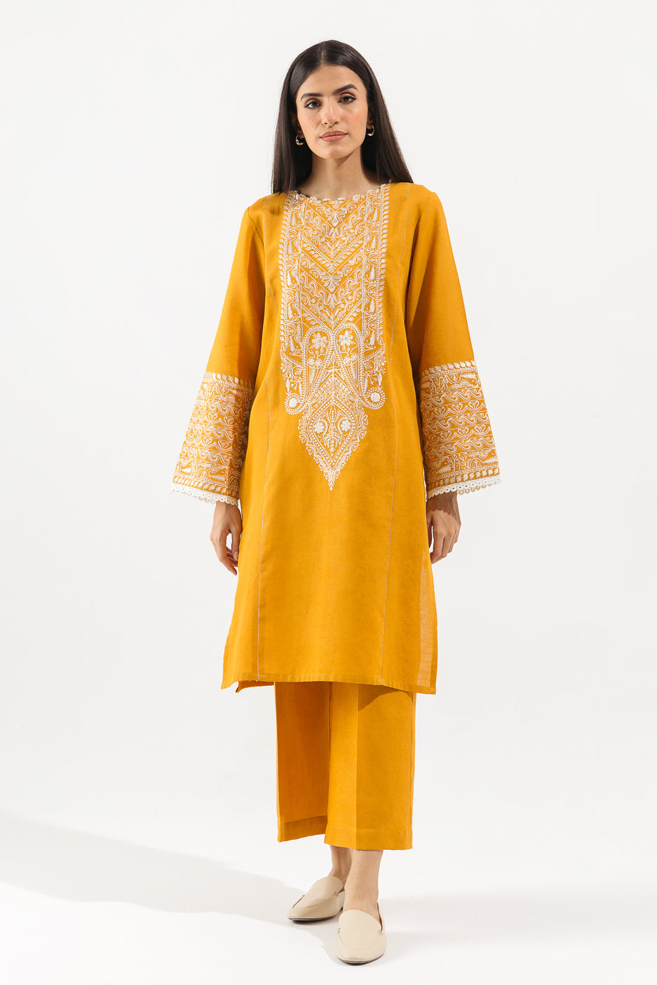 2 Piece - Embroidered Khaddar Suit - Ochre Gem