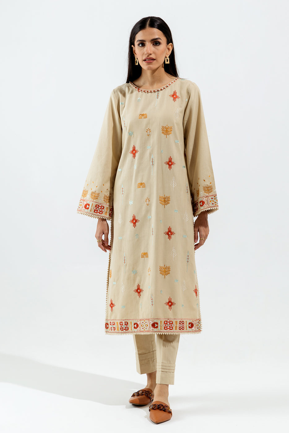 2 Piece - Embroidered Khaddar Suit - Beige Opal