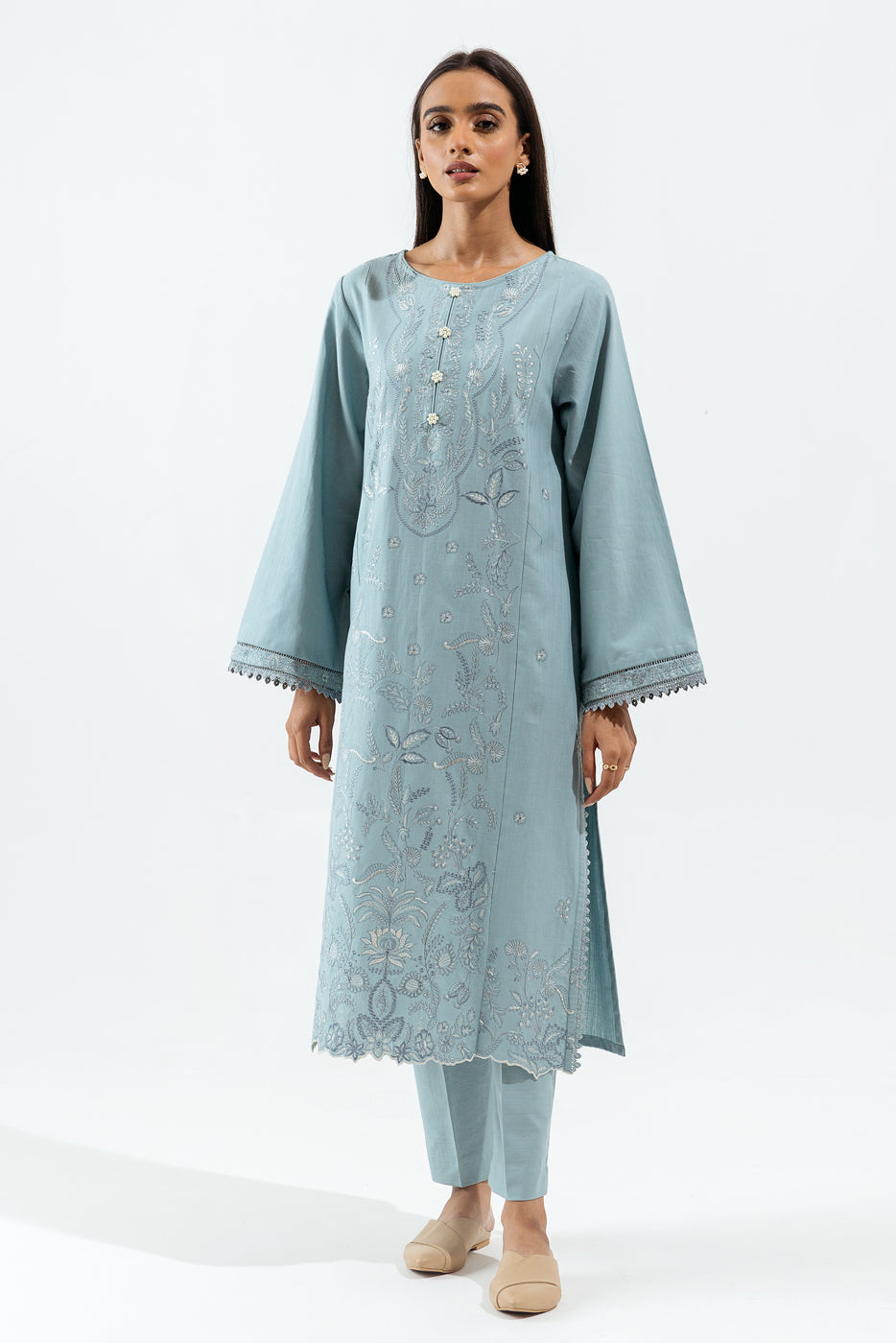 2 Piece - Embroidered Khaddar Suit - Misty Breeze