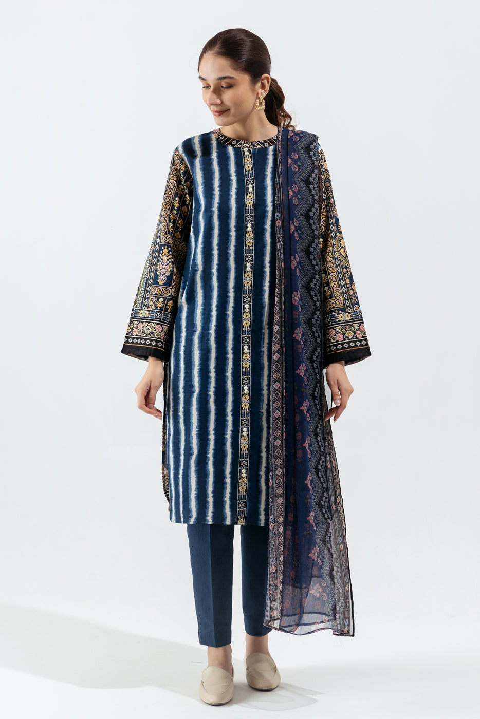 2 Piece - Printed Khaddar Suit - Inky Blue