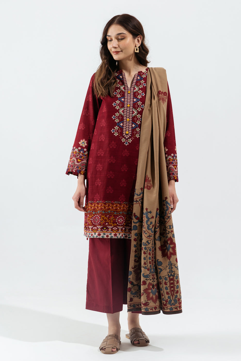 3 Piece - Printed Khaddar Suit - Red Dahlia