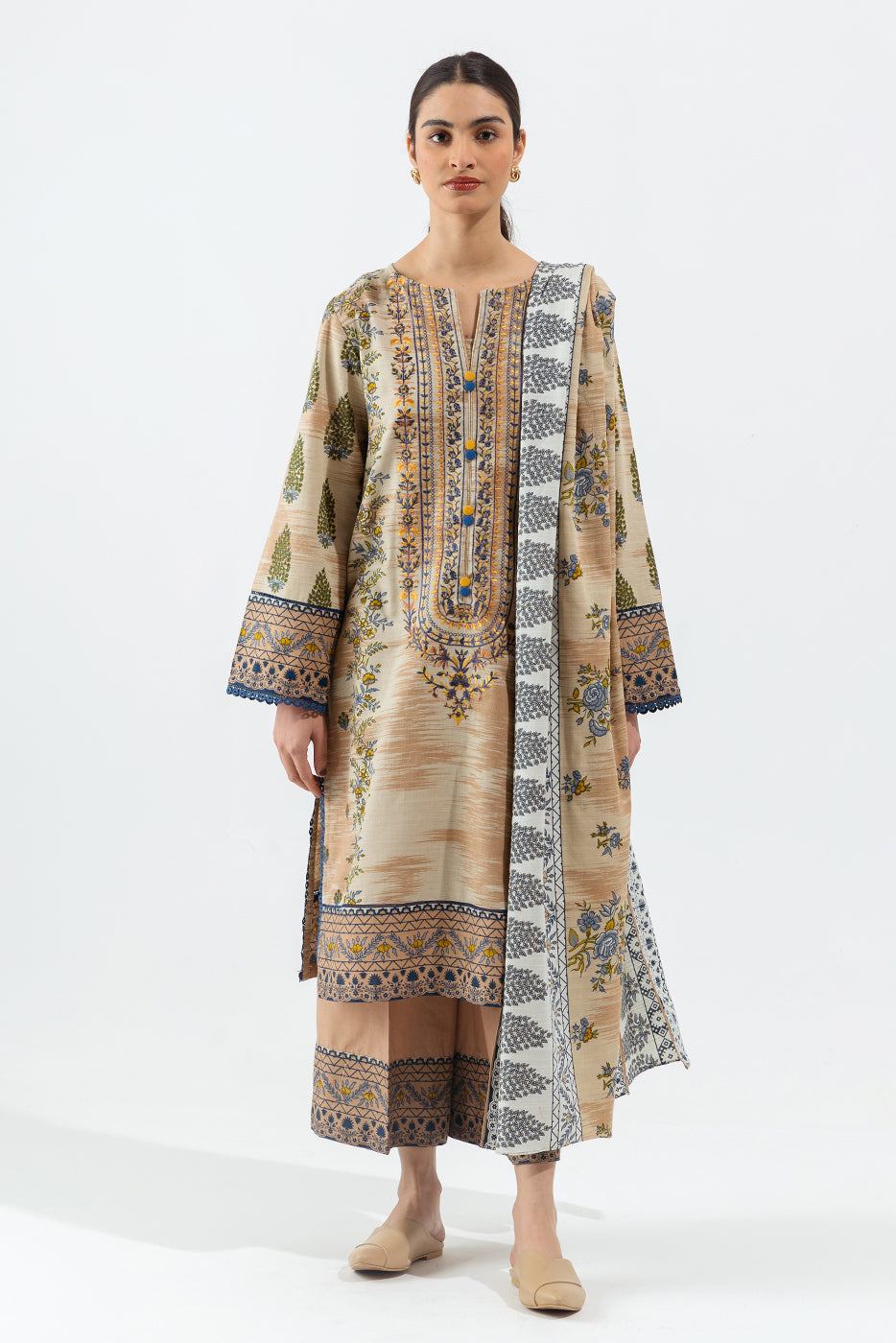 3 Piece - Embroidered Khaddar Suit - Taupe Tan