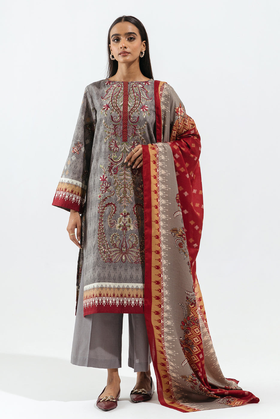 3 Piece - Embroidered Khaddar Suit - Victorian Treasure