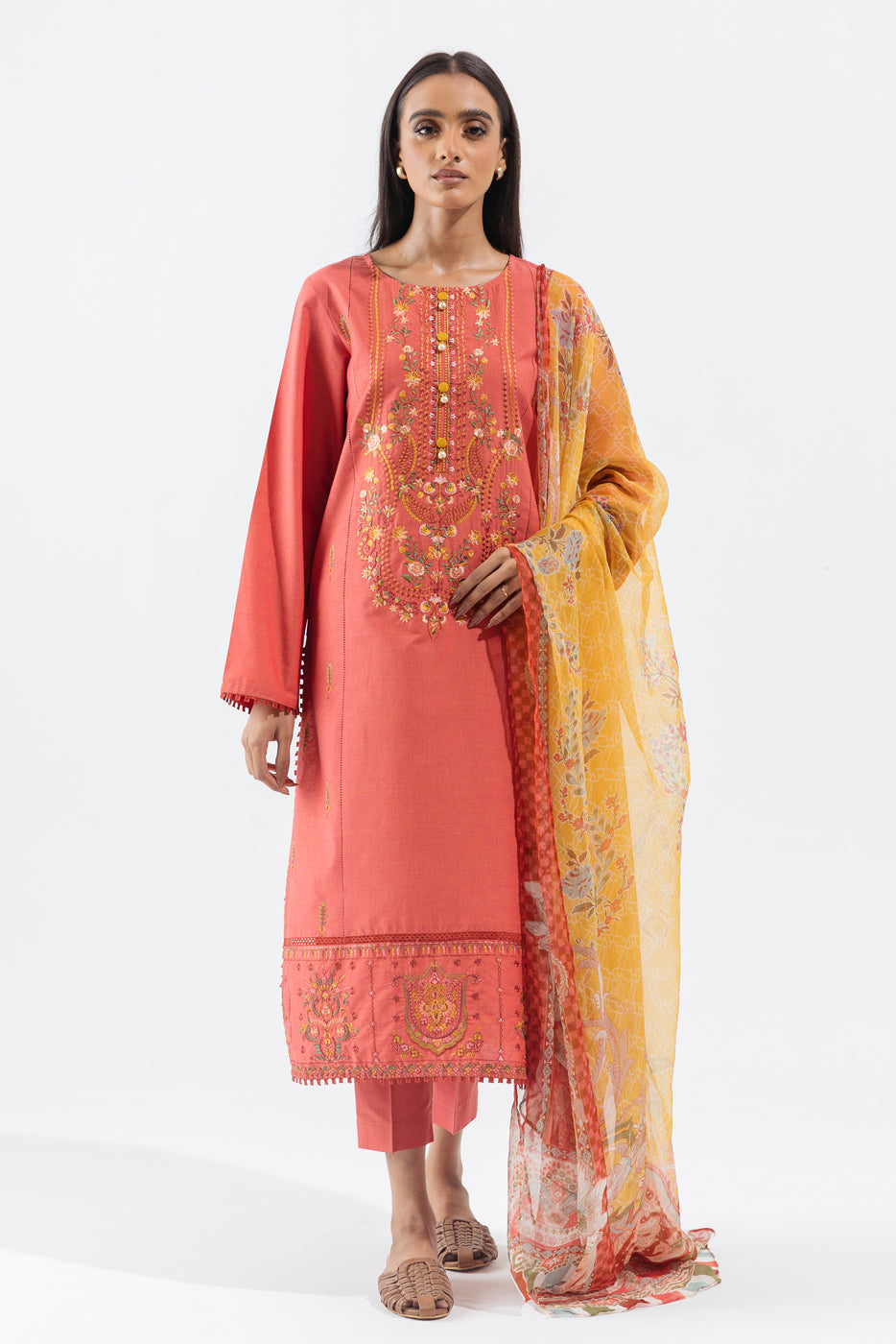 3 Piece - Embroidered Khaddar Suit - Coral Blush