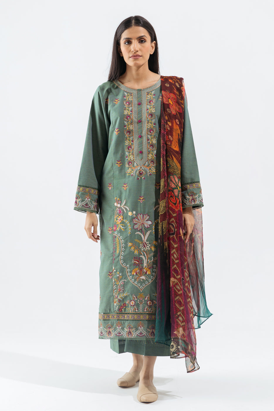 3 Piece - Embroidered Khaddar Suit - Sage Petal