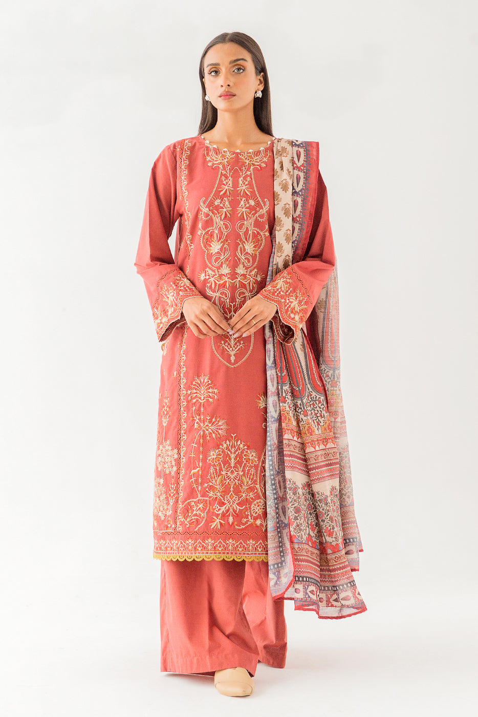 3 Piece - Embroidered Two Tone Suit - Ginger Spice (Unstitched)
