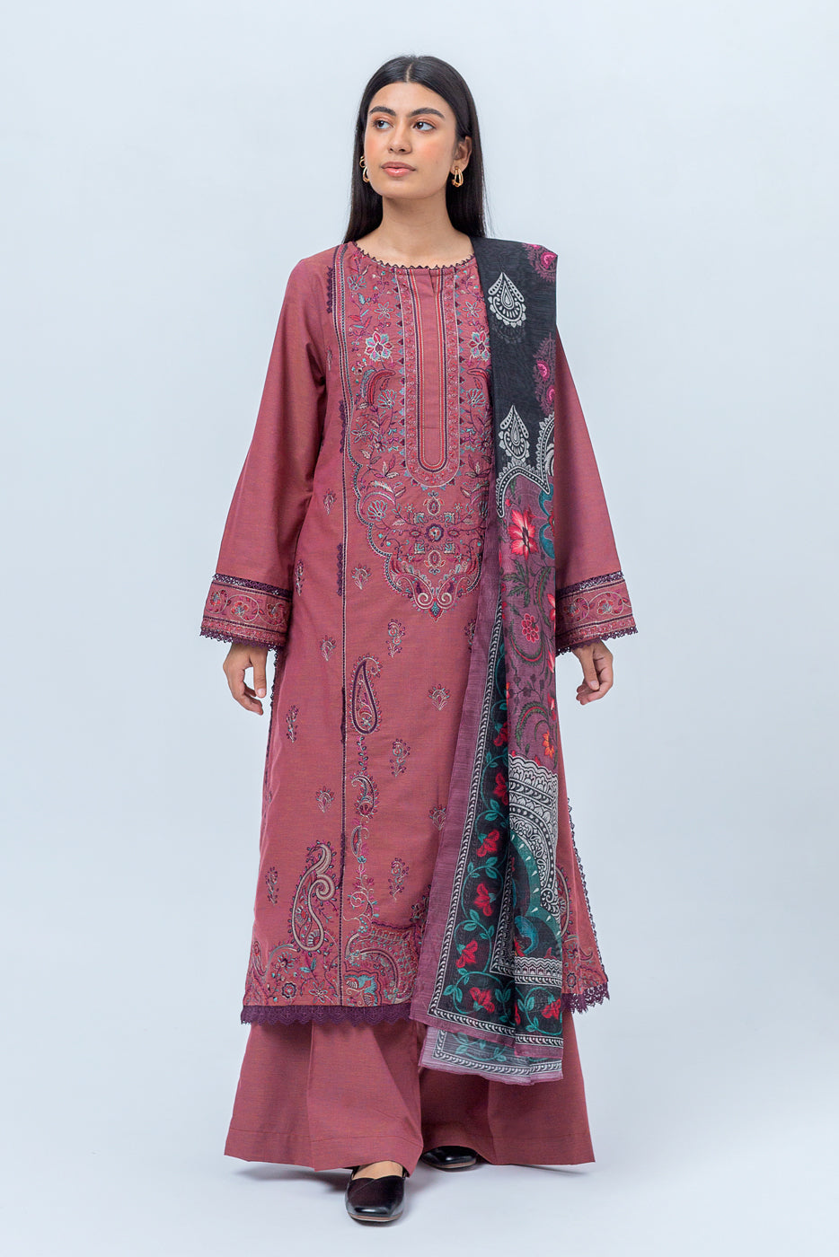 3 Piece - Embroidered Two Tone Suit - Astro Dust (Unstitched)