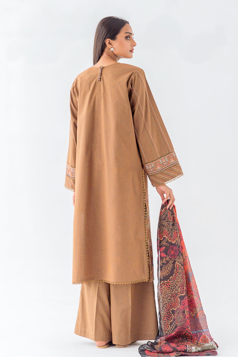 3 Piece - Embroidered Two Tone Suit - Delish Mocha (Unstitched)