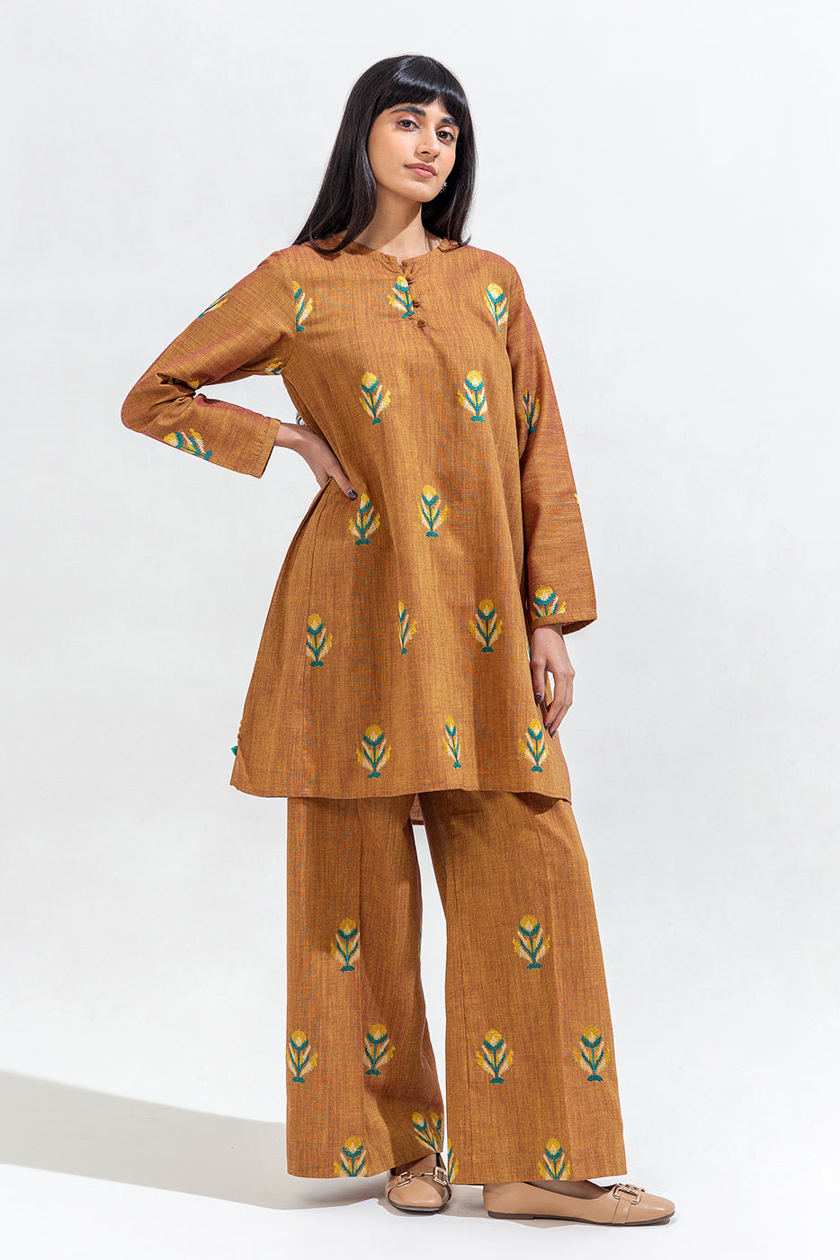 2 Piece Embroidered Chambray Suit (Pret)