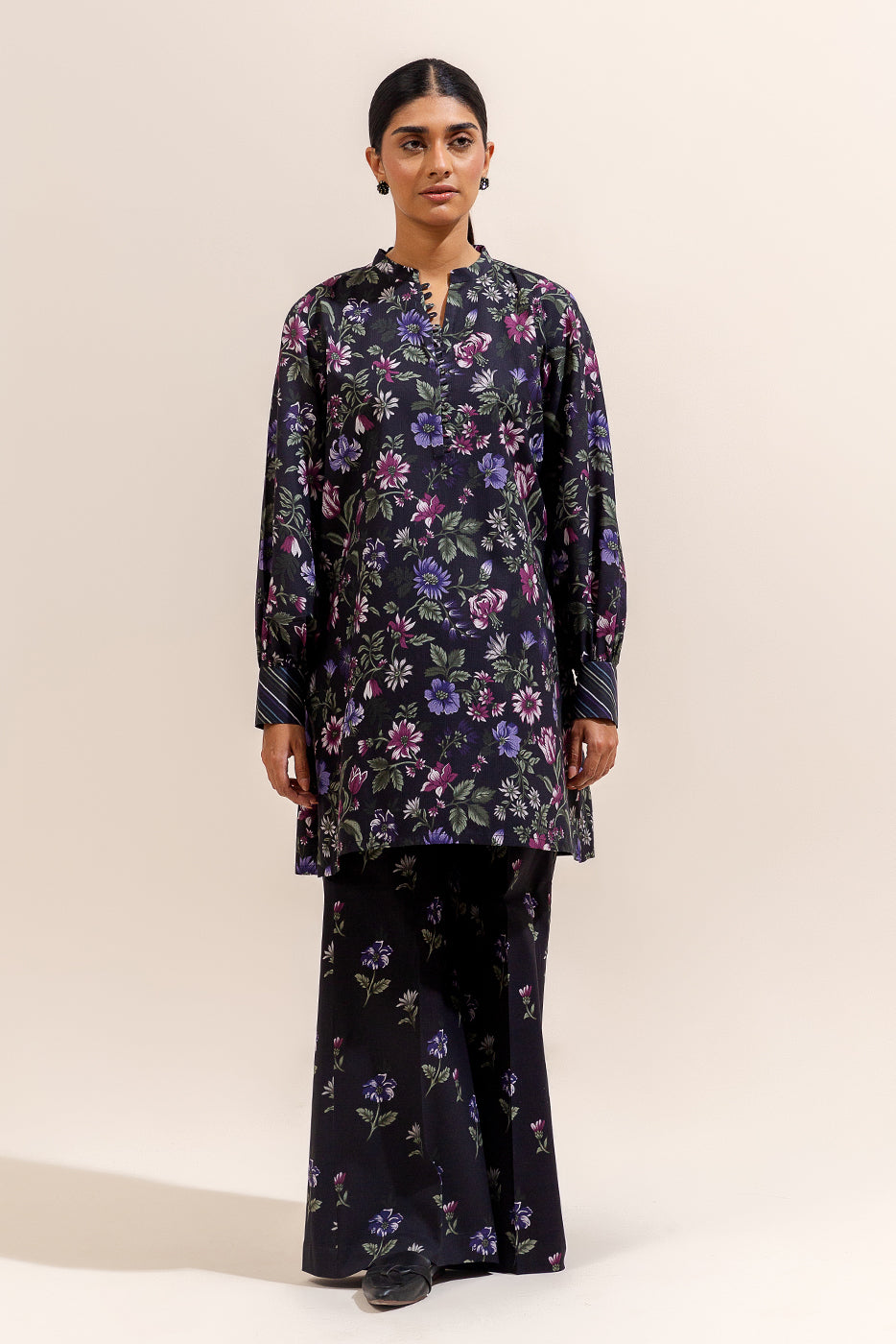 2 Piece Printed Linen Suit-Pitch Bloom (Unstitched)
