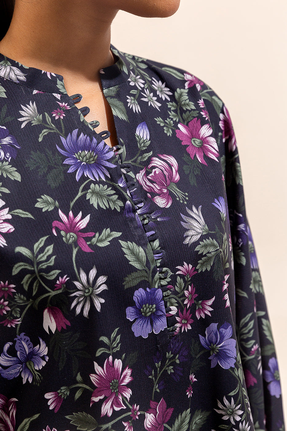 2 Piece Printed Linen Suit-Pitch Bloom (Unstitched)