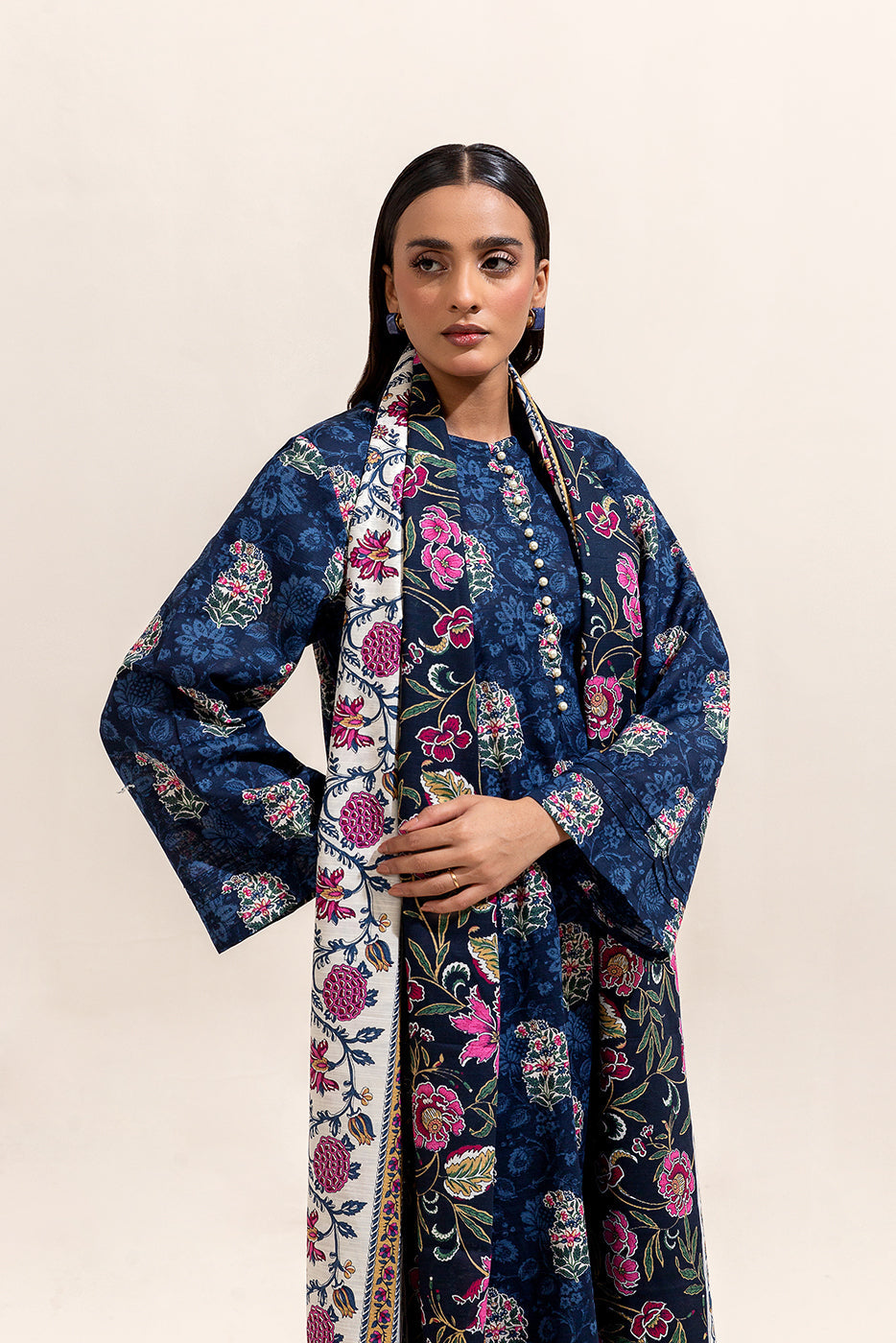 2 Piece Printed Khaddar Suit-Navy Tint (Unstitched)