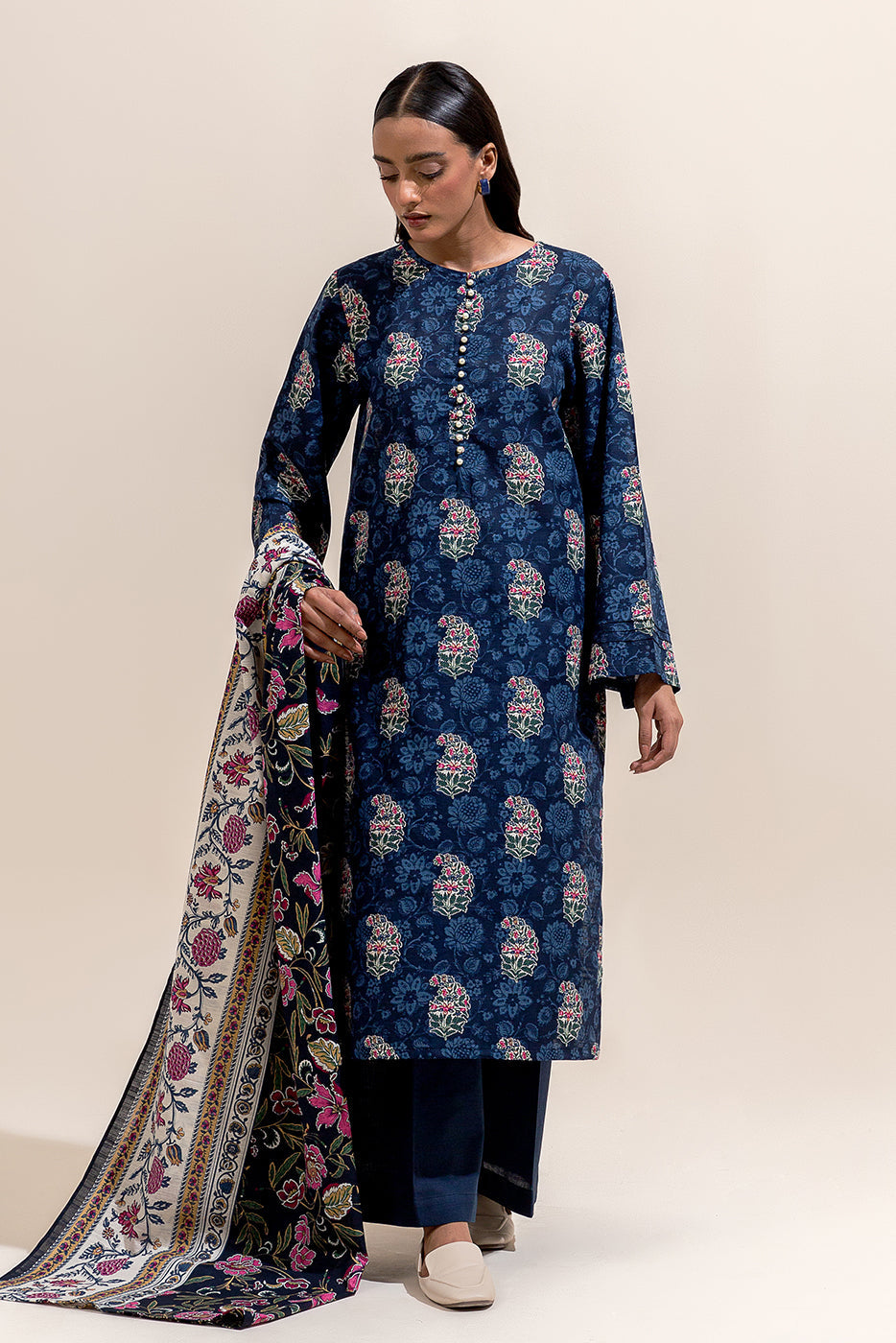 2 Piece Printed Khaddar Suit-Navy Tint (Unstitched)