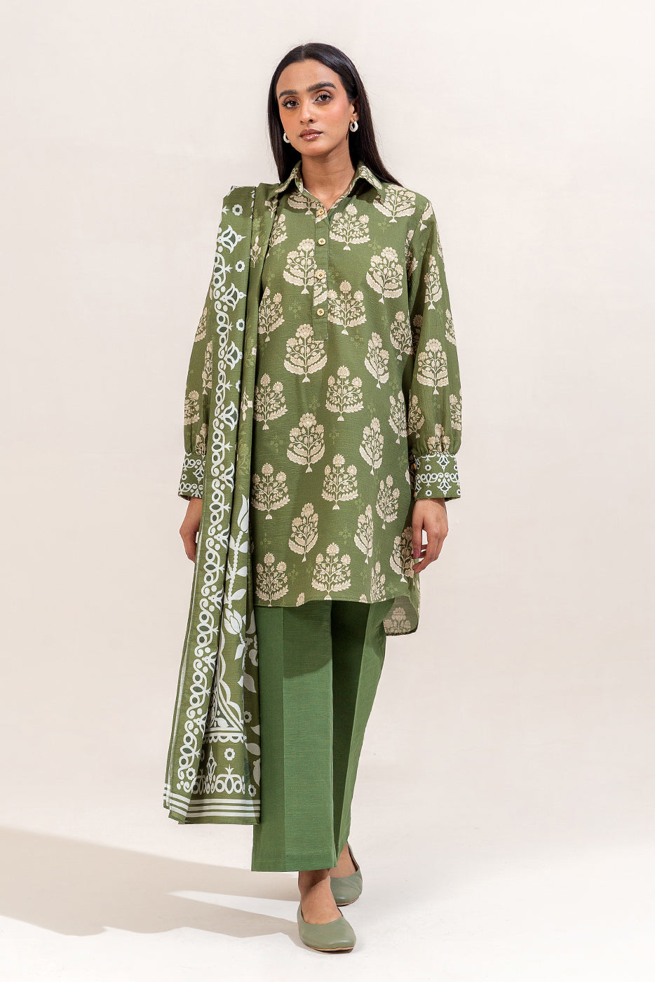 3 Piece Printed Khaddar Suit-Olive Fern (Unstitched)