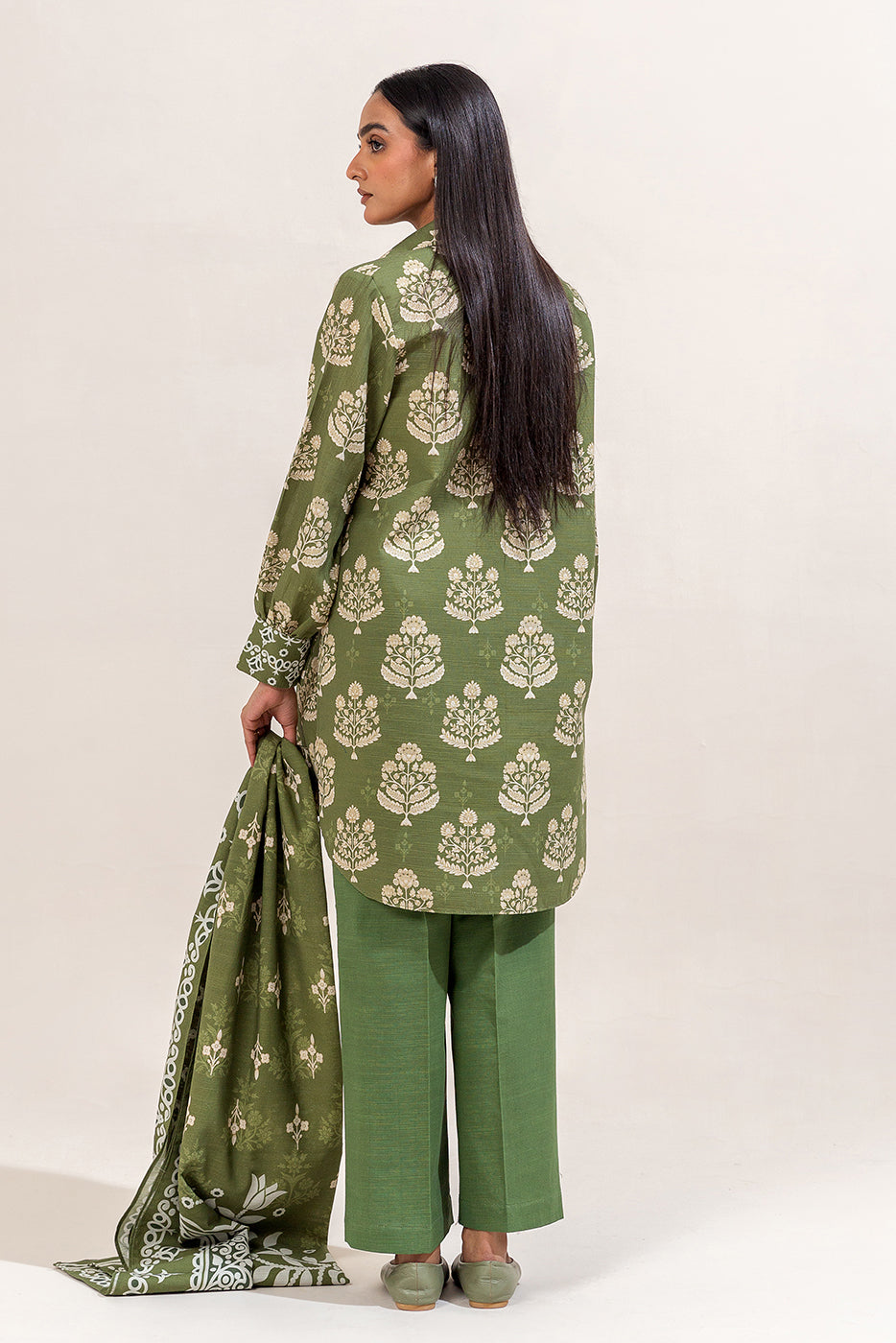 3 Piece Printed Khaddar Suit-Olive Fern (Unstitched)