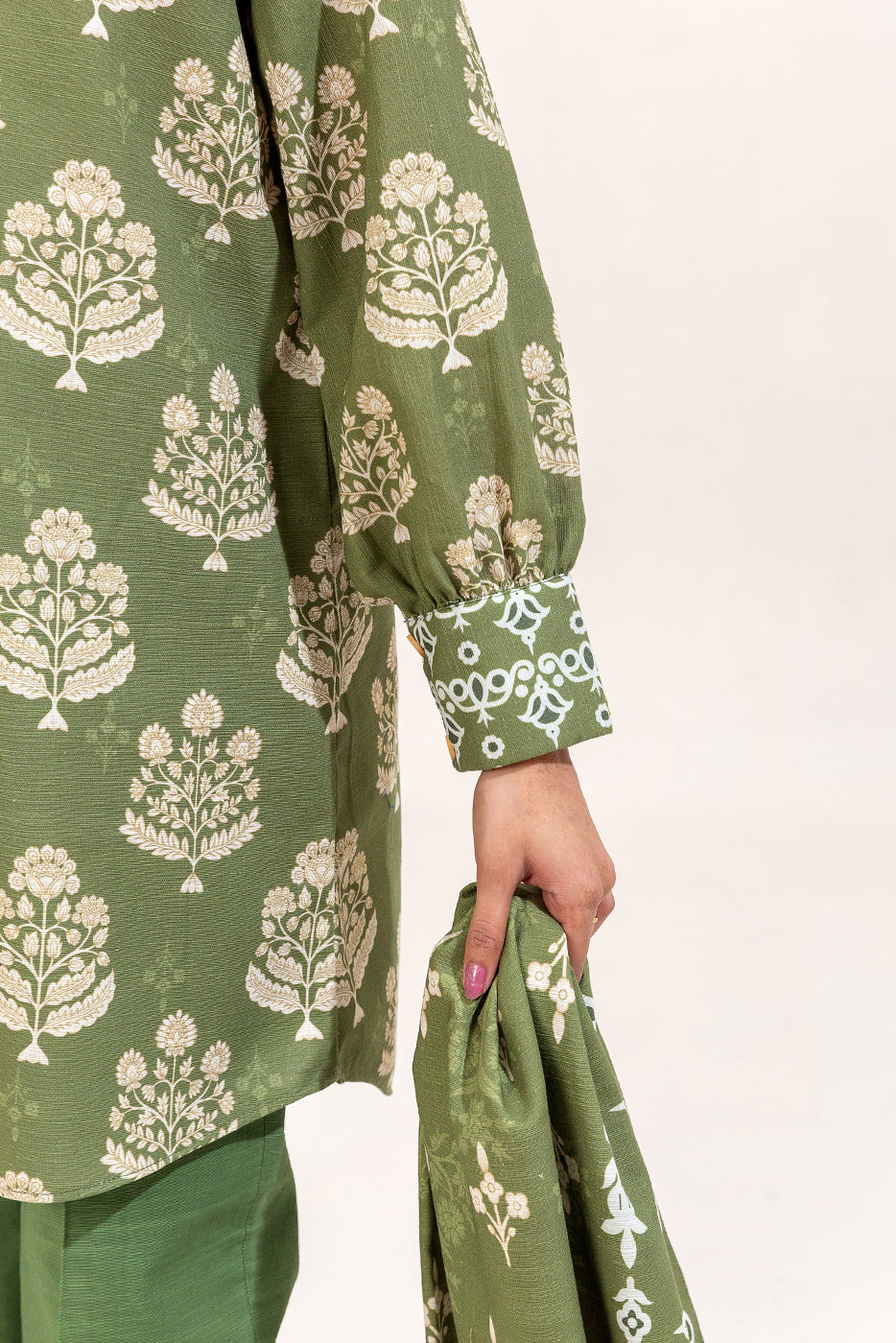 3 Piece Printed Khaddar Suit-Olive Fern (Unstitched)