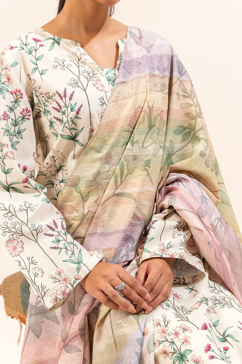 3 Piece Printed Khaddar Suit-Sand Bloom (Unstitched)