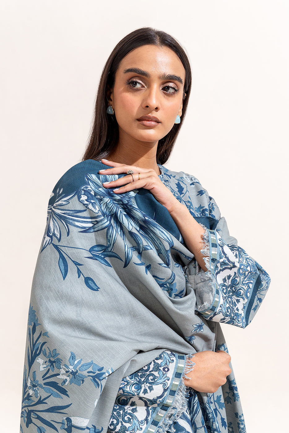 3 Piece Printed Khaddar Suit-Cerulean Ash (Unstitched)