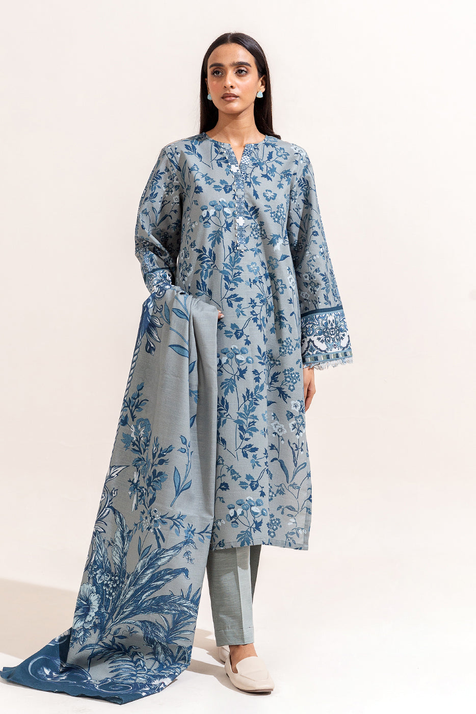 3 Piece Printed Khaddar Suit-Cerulean Ash (Unstitched)
