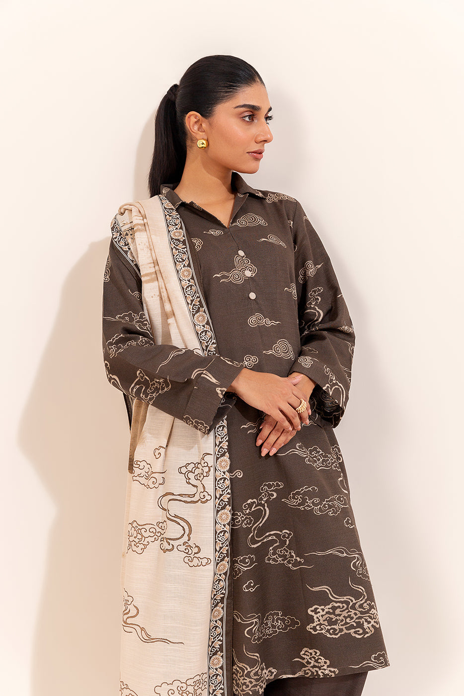 3 Piece Printed Khaddar Suit-Japanese Veil (Unstitched)