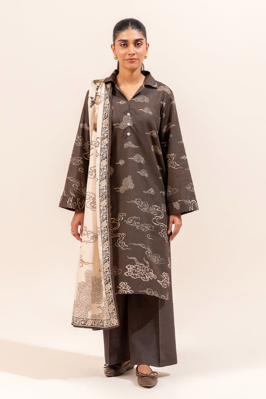 3 Piece Printed Khaddar Suit-Japanese Veil (Unstitched)