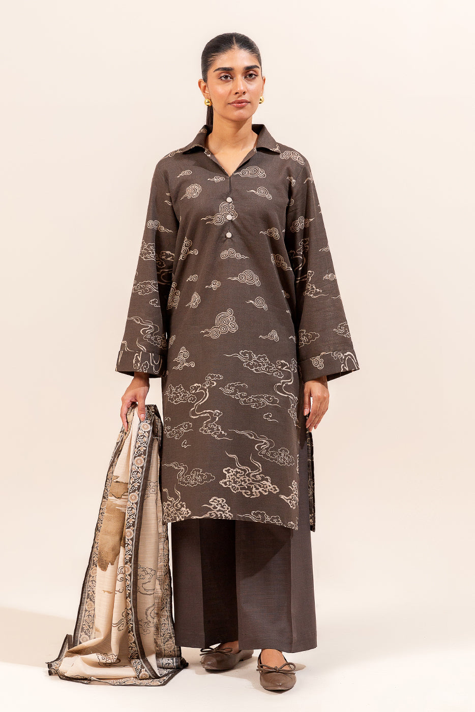 3 Piece Printed Khaddar Suit-Japanese Veil (Unstitched)