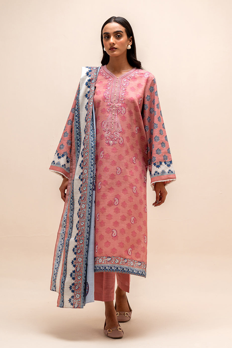3 Piece Embroidered Khaddar Suit-Garnet Blush (Unstitched)