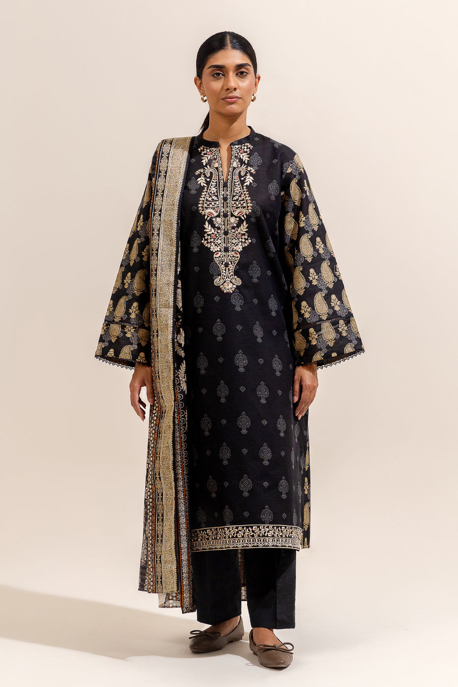 3 Piece Embroidered Khaddar Suit-Midnight Verve (Unstitched)