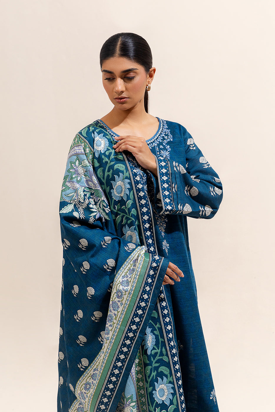 3 Piece Embroidered Khaddar Suit-Celestial Navy (Unstitched)