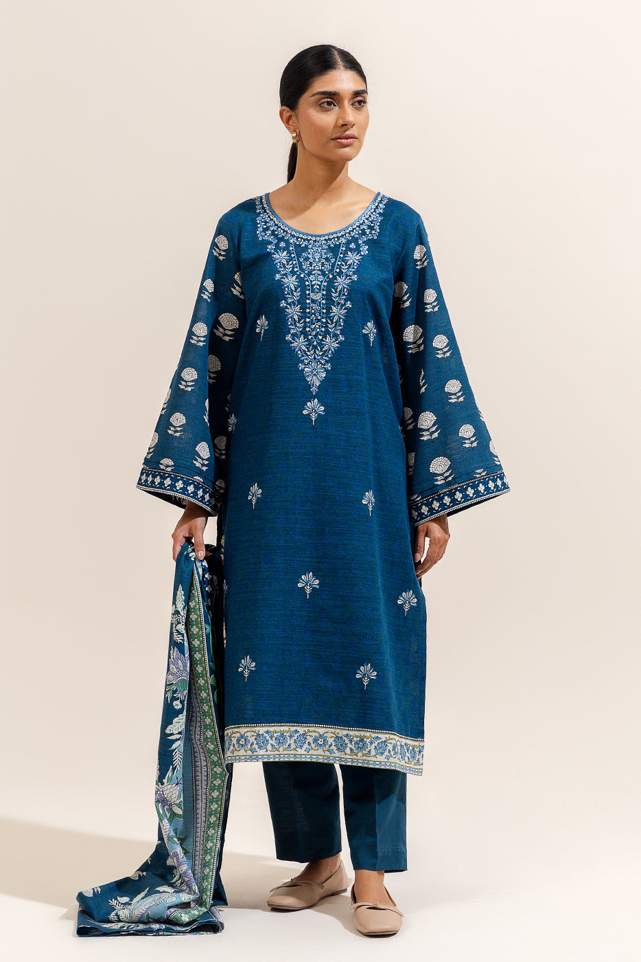 3 Piece Embroidered Khaddar Suit-Celestial Navy (Unstitched)
