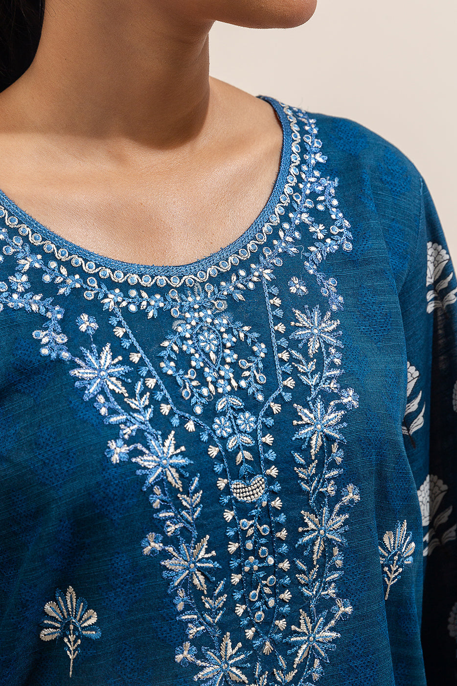 3 Piece Embroidered Khaddar Suit-Celestial Navy (Unstitched)
