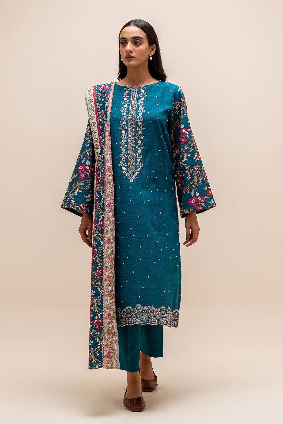3 Piece Embroidered Khaddar Suit-Floret Azure (Unstitched)