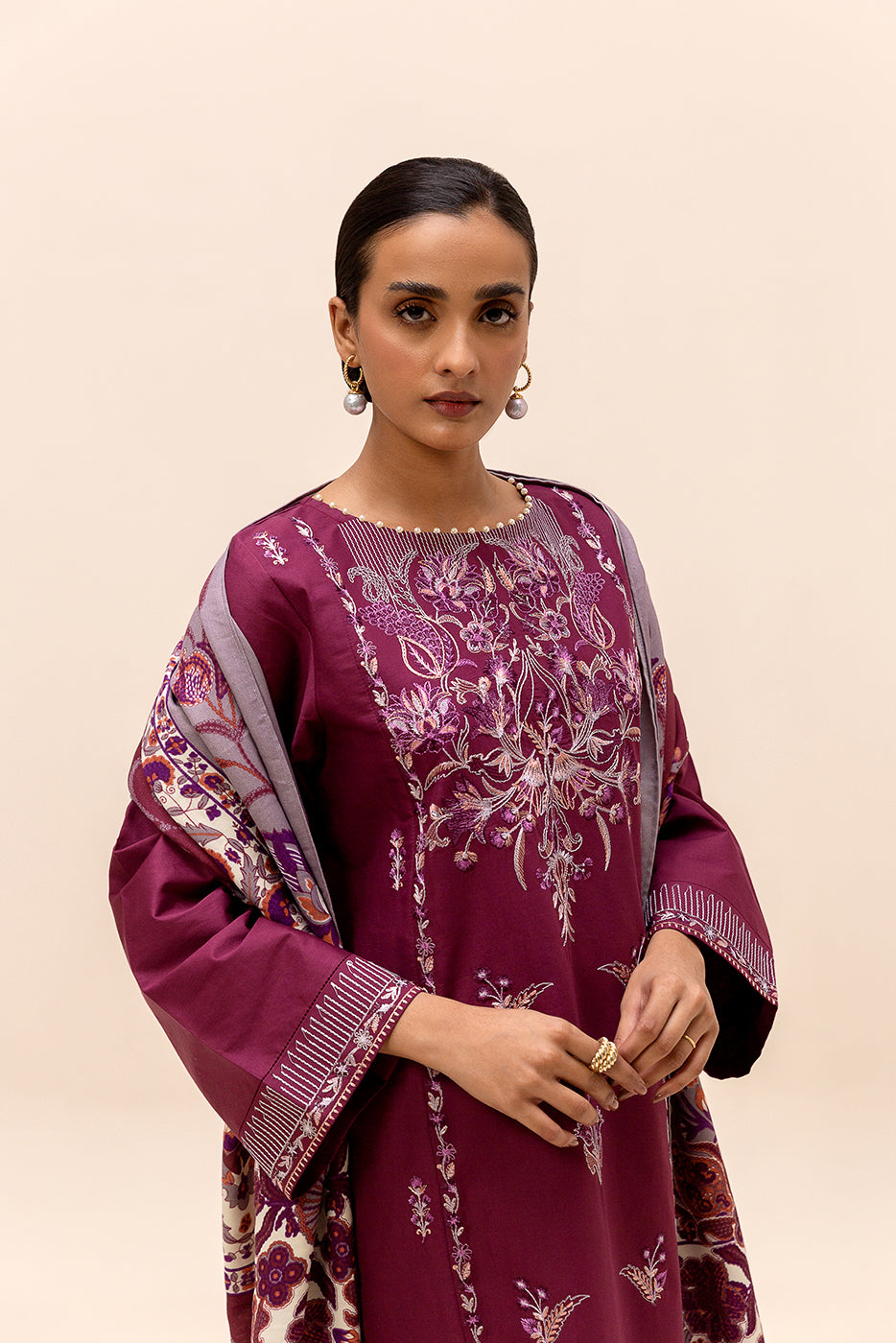3 Piece Embroidered Satin Suit-Sangria Shade (Unstitched)