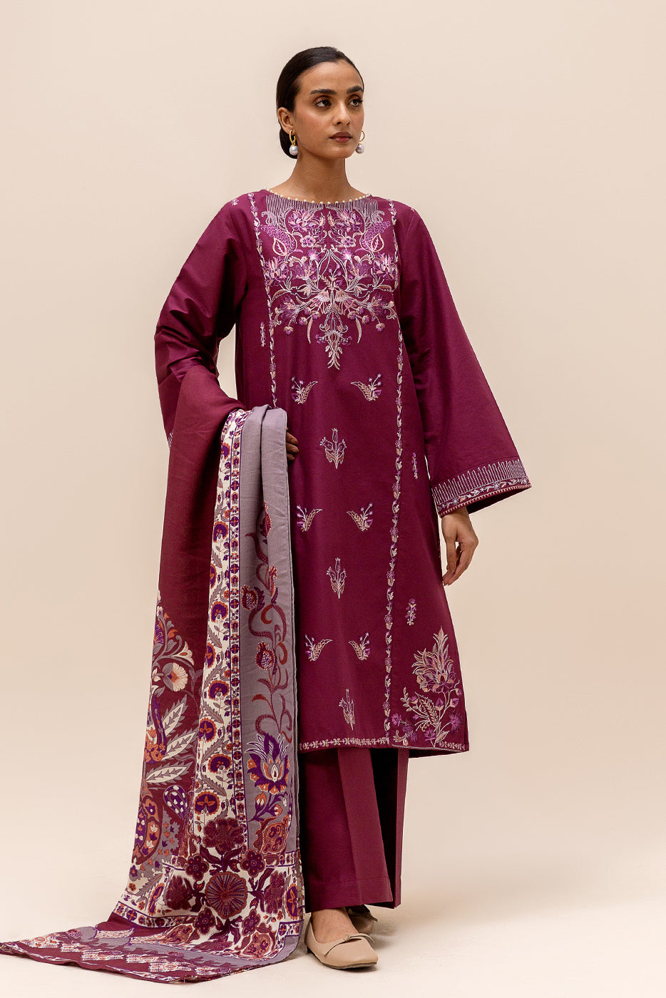 3 Piece Embroidered Satin Suit-Sangria Shade (Unstitched)