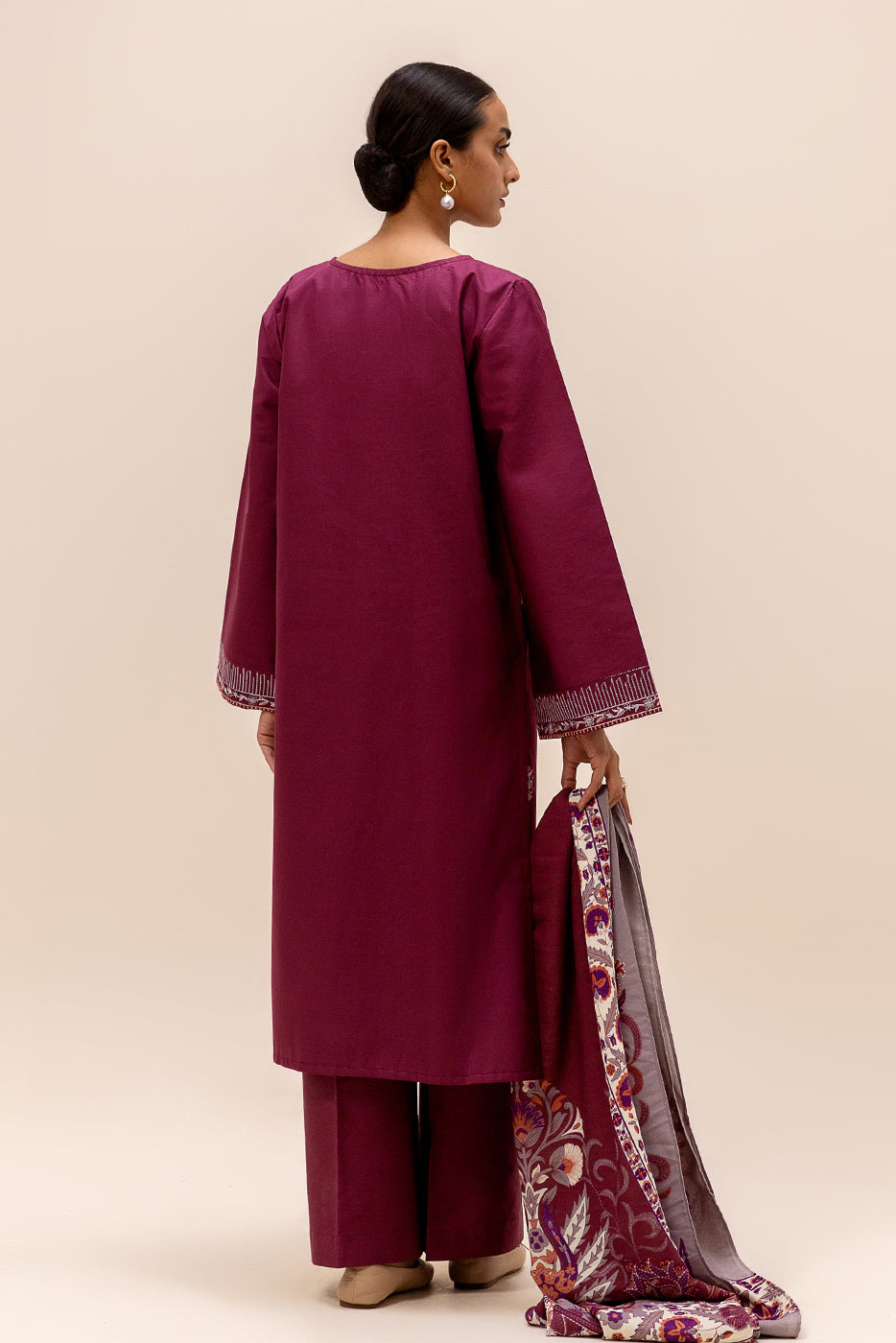 3 Piece Embroidered Satin Suit-Sangria Shade (Unstitched)