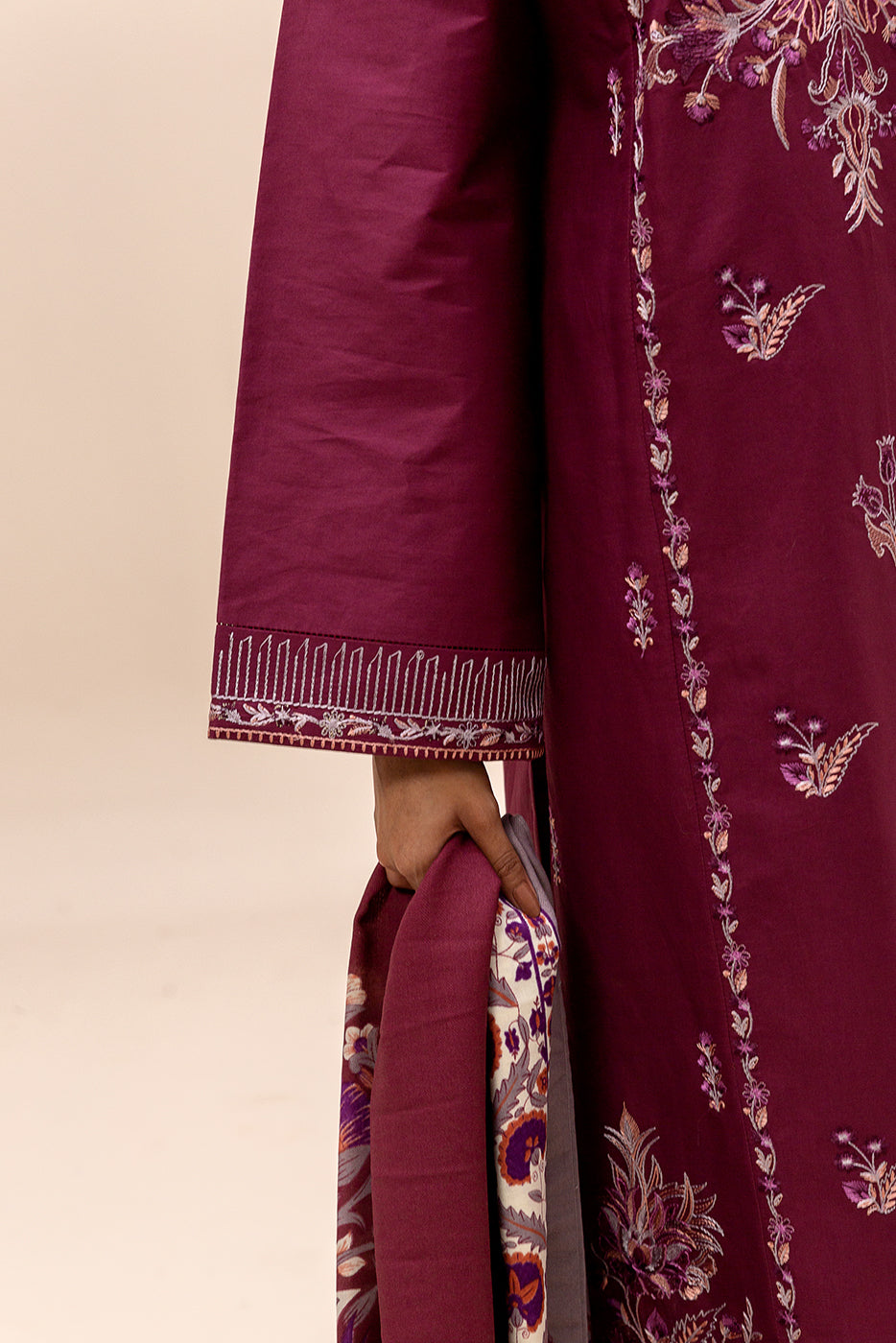 3 Piece Embroidered Satin Suit-Sangria Shade (Unstitched)