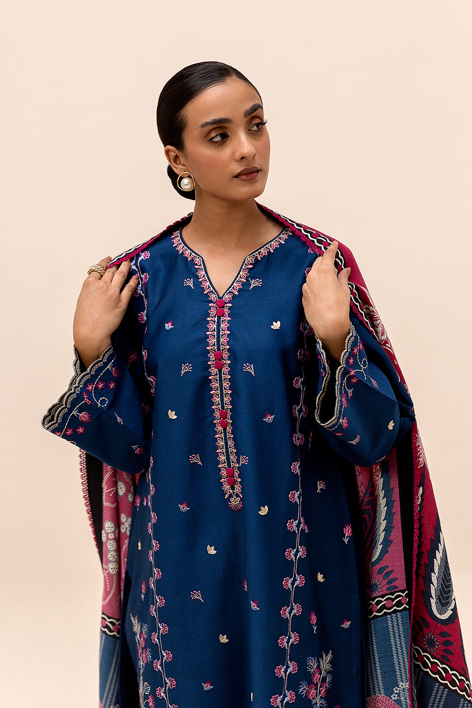3 Piece Embroidered Satin Suit-Aegean Bloom (Unstitched)