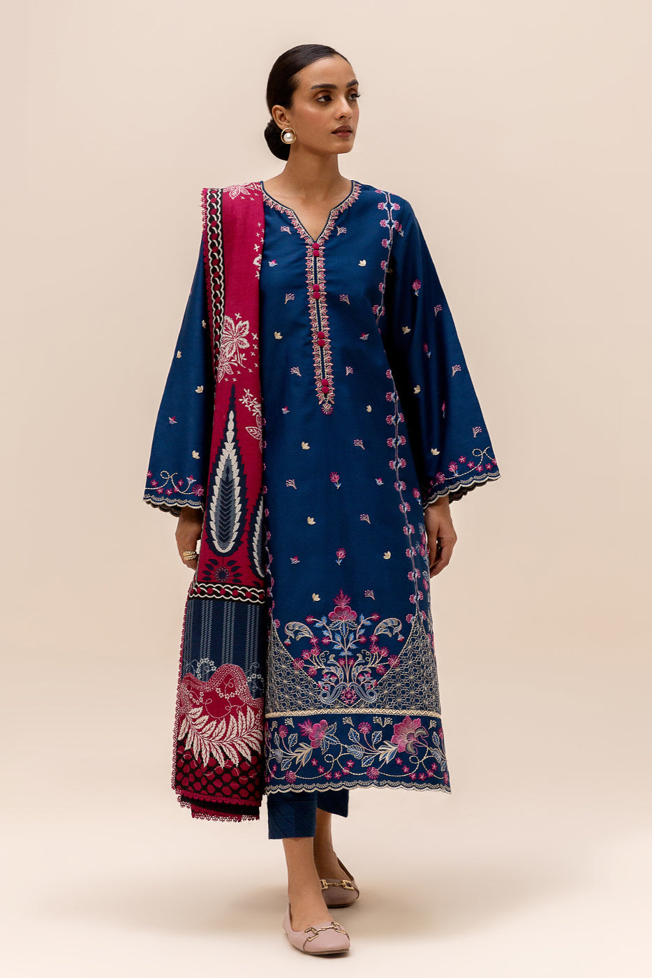 3 Piece Embroidered Satin Suit-Aegean Bloom (Unstitched)
