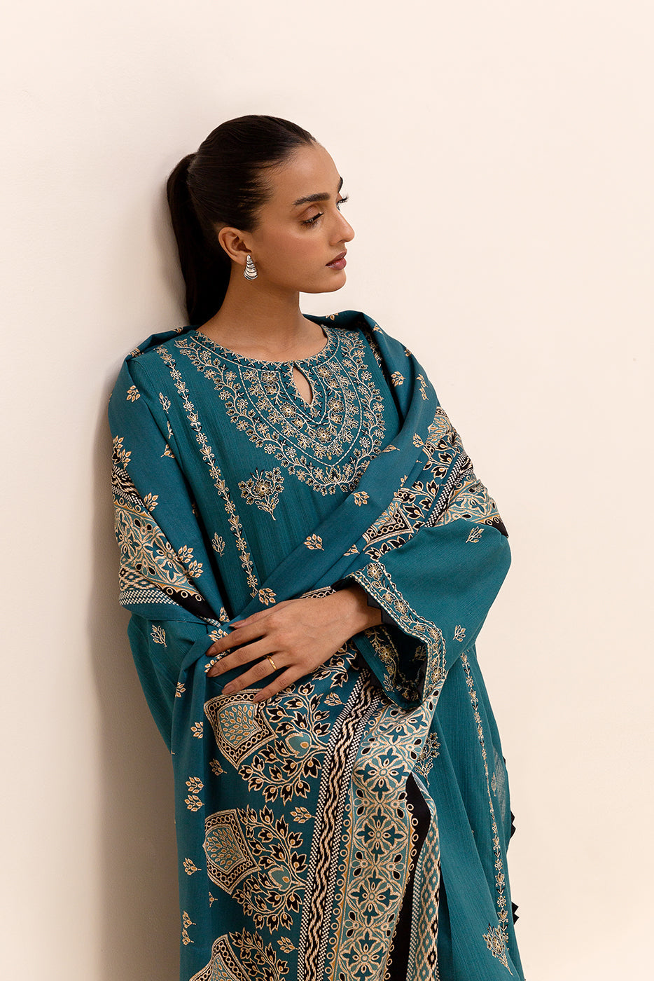 3 Piece Embroidered Khaddar Suit-Teal Sky (Unstitched)