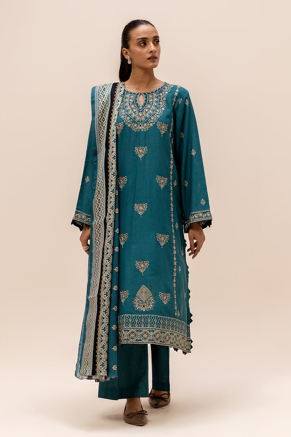 3 Piece Embroidered Khaddar Suit-Teal Sky (Unstitched)