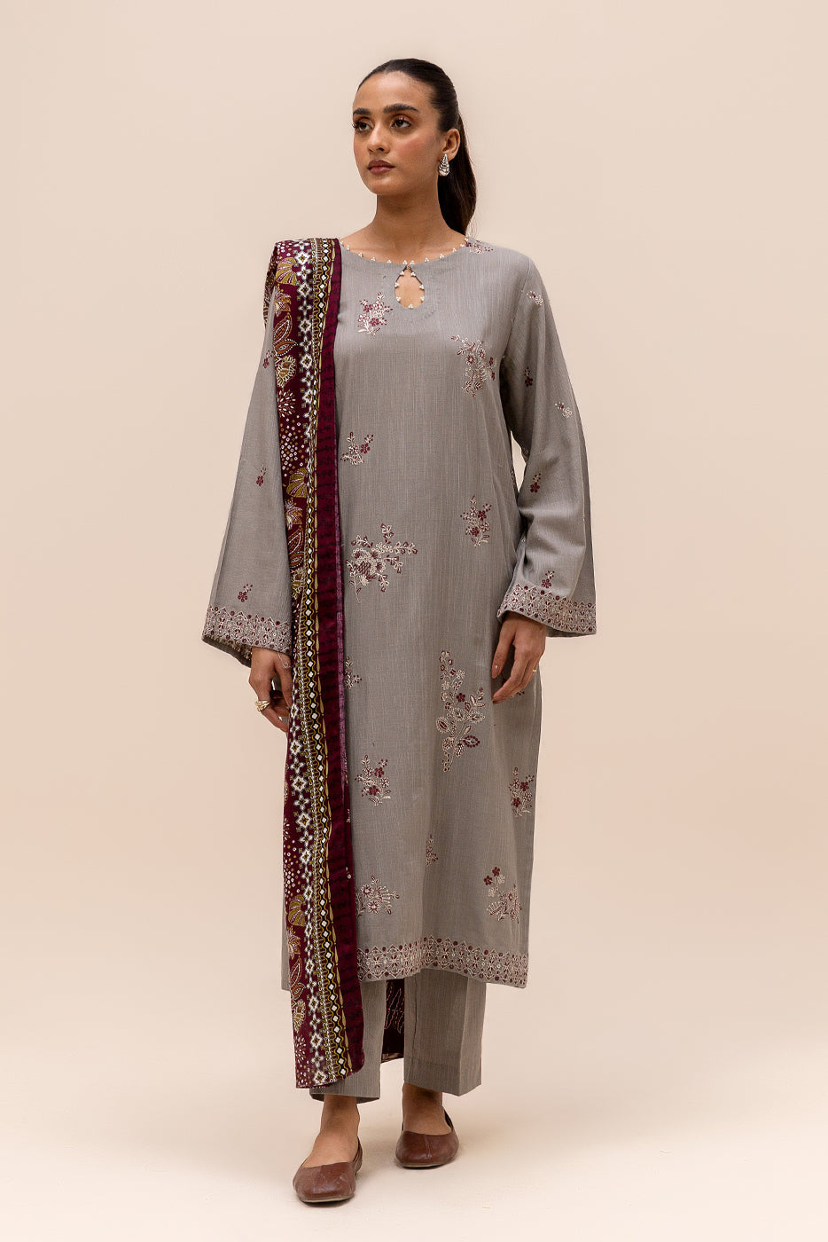 3 Piece Embroidered Khaddar Suit-Fossil Dew (Unstitched)