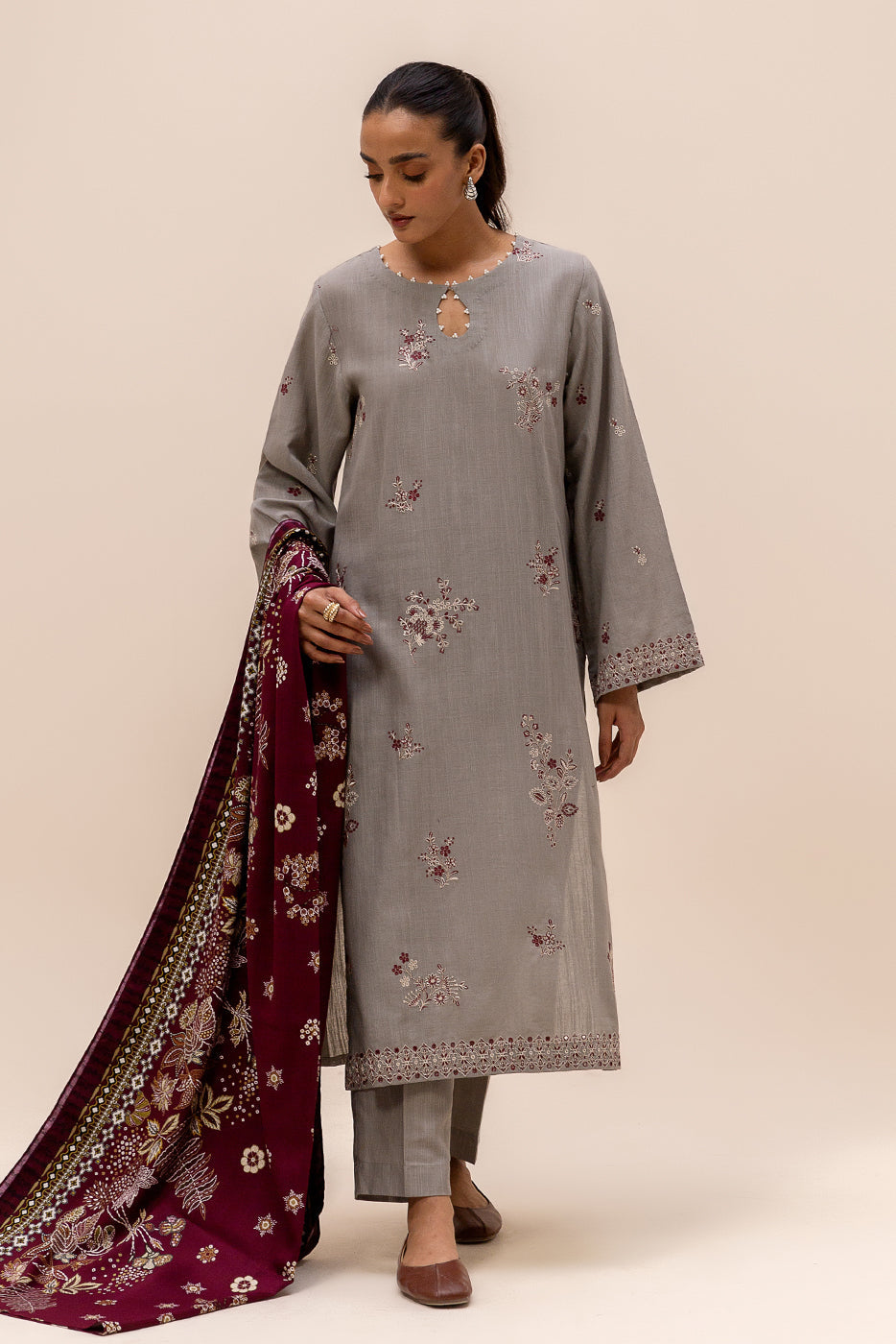 3 Piece Embroidered Khaddar Suit-Fossil Dew (Unstitched)