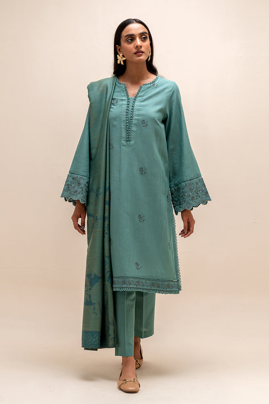 3 Piece Embroidered Khaddar Suit-Stone Grey (Unstitched)